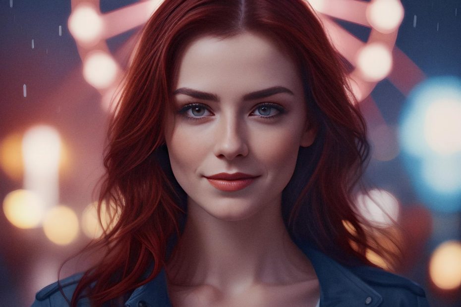 A woman with flowing red hair in a chic blue jacket smiles softly, flaunting a designer leather bag. A vibrant Ferris wheel illuminates the evening backdrop. Whimsical and serene fashion moment.