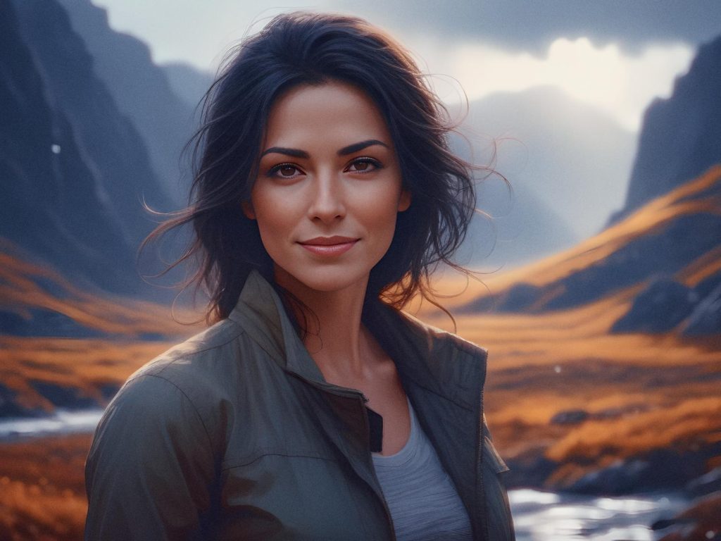 A stylish woman with wavy dark hair and a green jacket over a white shirt stands confidently in a picturesque valley. Golden fields, rugged mountains, and her Fossil Gen 6 Wellness Edition watch complete the scene against a dramatic, cloudy sky.