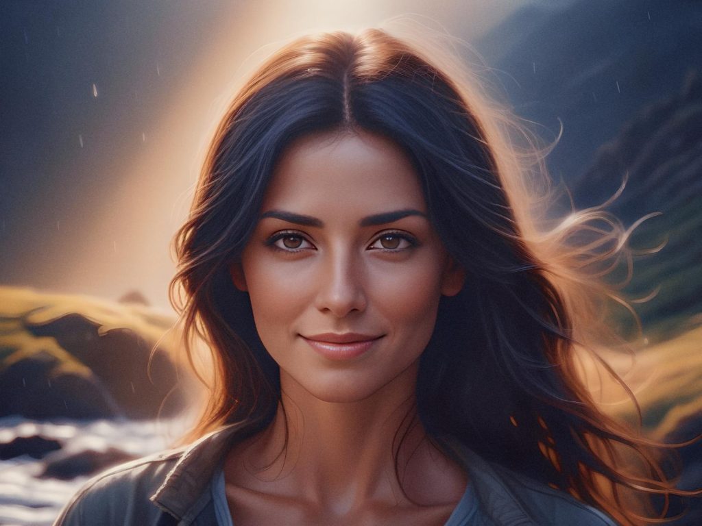 A serene young woman with wavy brown hair stands outdoors, her sling bag stylishly slung over her shoulder. Sunlight kisses her face, set against a blurred scenic backdrop of hills and water.