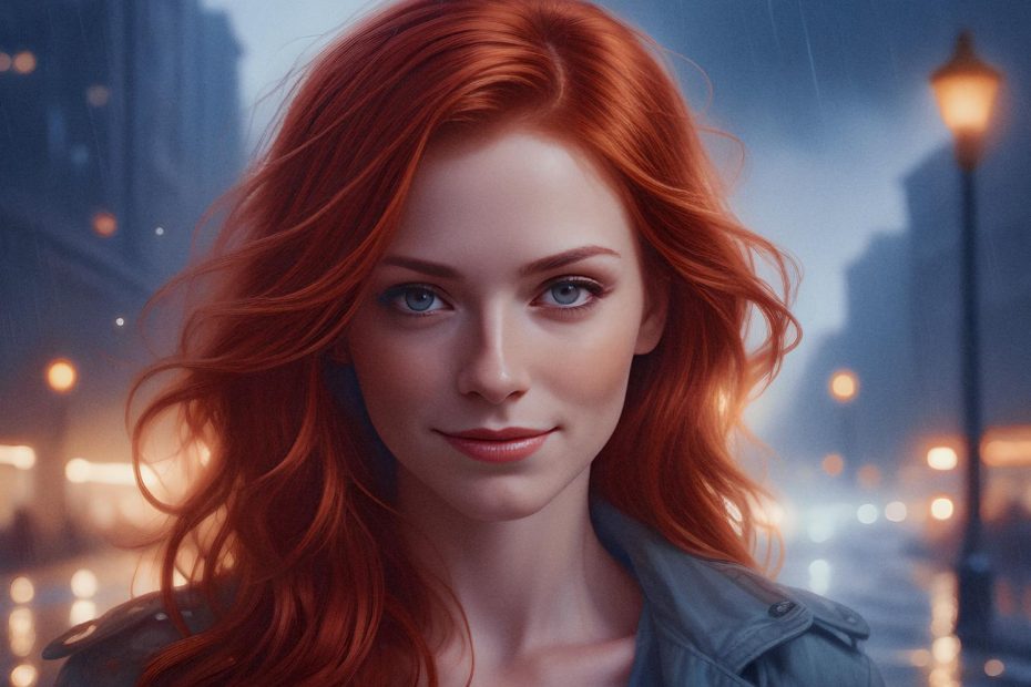 A red-haired woman with blue eyes stands on a rainy night street, donning a chic gray jacket and stylish JanSport backpack, her soft smile glowing against the blurred, light-streaked background.