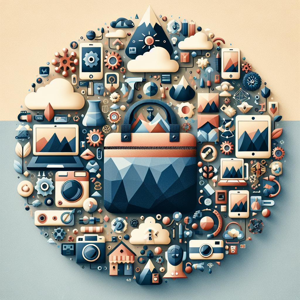 A circular infographic with tech icons: clouds, mountains, gears, devices. At the center, a top leather brand's stylish briefcase with a mountain motif. Muted trends palette.