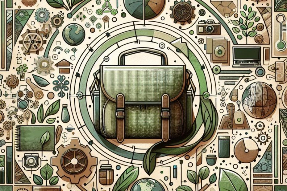 An eco-conscious fashion statement: a chic green backpack amid symbols of sustainable learning and technology, set against a green backdrop.
