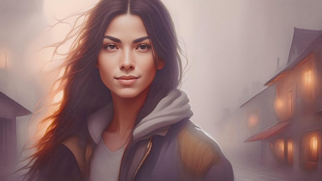 A young woman with long, flowing hair stands confidently in a misty street, wearing a chic jacket and hoodie. Her vintage canvas bag adds timeless flair against softly glowing buildings.