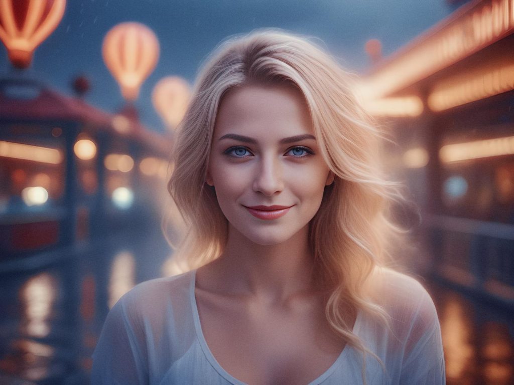 A woman with long blonde hair and blue eyes smiles softly in a light top. Warm lanterns glow against a serene, water-like backdrop—capturing sustainable style.
