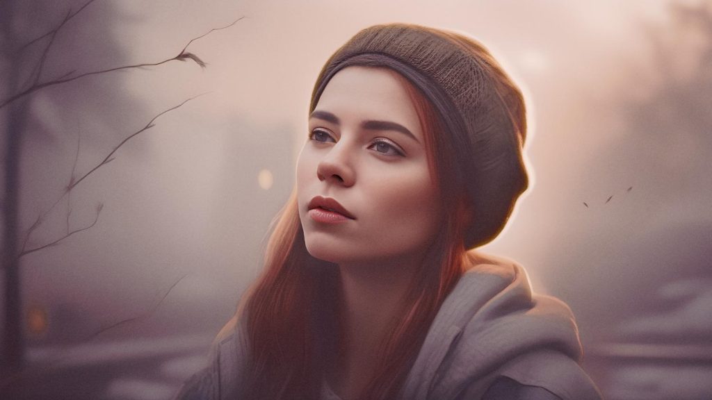 A young woman with long red hair, in a chic gray beanie and sweater, embodies a dreamy Coraline vibe. Her thoughtful gaze and messenger bag complete the melancholic, stylish scene amidst bare branches and soft light.