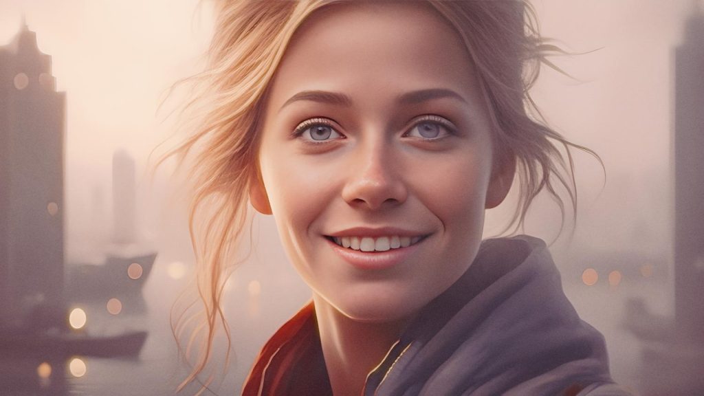 A serene, fashion-forward woman with tousled light hair and a captivating smile stands against a dusk-lit cityscape, embodying sustainable chic.