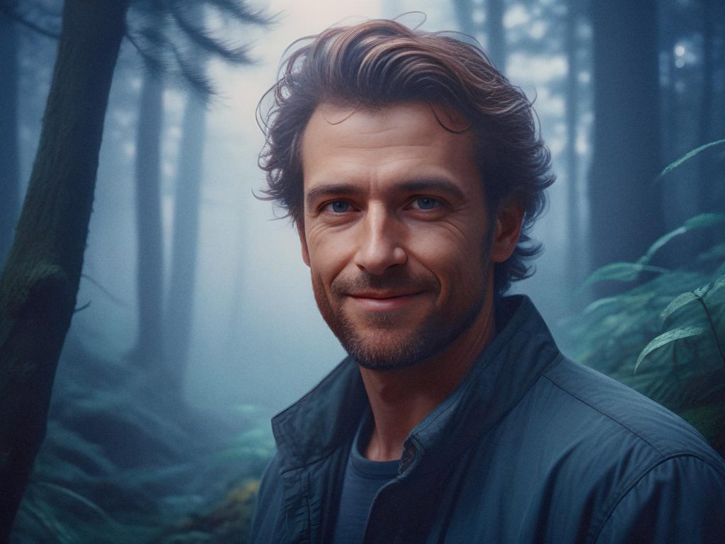 A bearded man with wavy brown hair smiles in a misty forest, donning a dark jacket and sporting the stylish Peak Design Everyday Backpack V2.