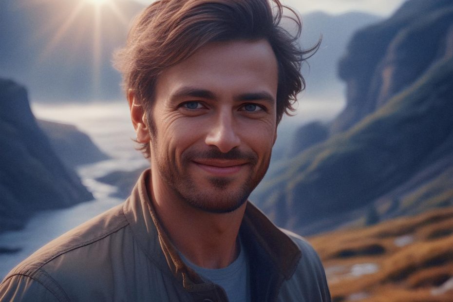 A bearded man with wavy brown hair smiles against a scenic river and mountain backdrop at sunset. Clad in a jacket and shirt, he stylishly carries an eco-friendly messenger bag, embodying sustainable fashion under the warm glow of the horizon.