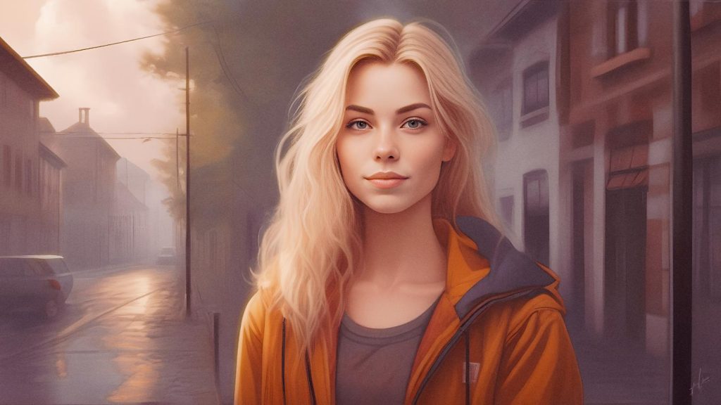 A confident woman with long blonde hair in a yellow jacket stands on a serene, foggy street. She pairs her look with a trendy Loungefly messenger bag, glancing stylishly at the camera.