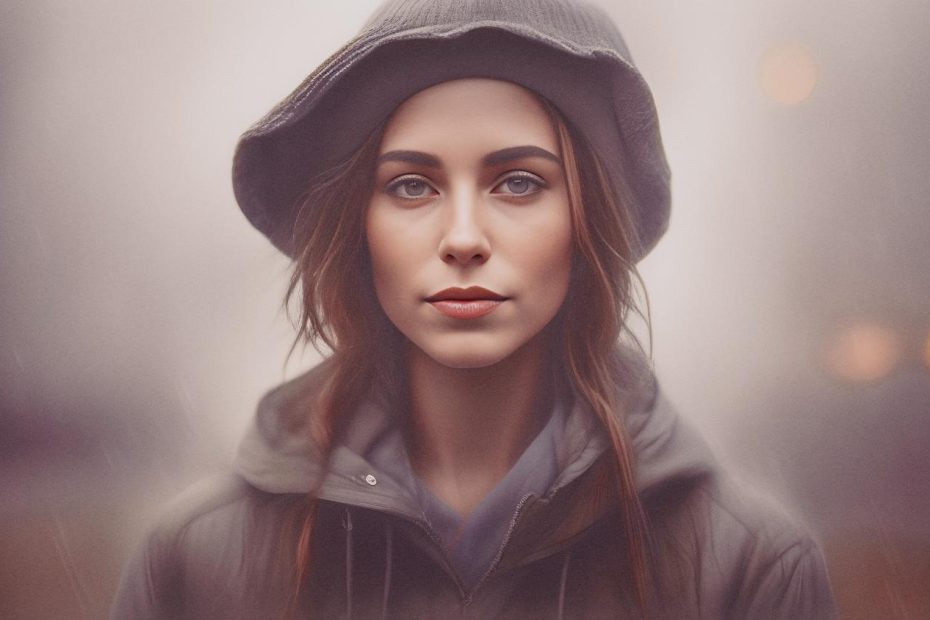 A woman in a chic grey hat and coat stands outdoors on a foggy day, exuding calm confidence. Her look defines modern sustainable fashion.