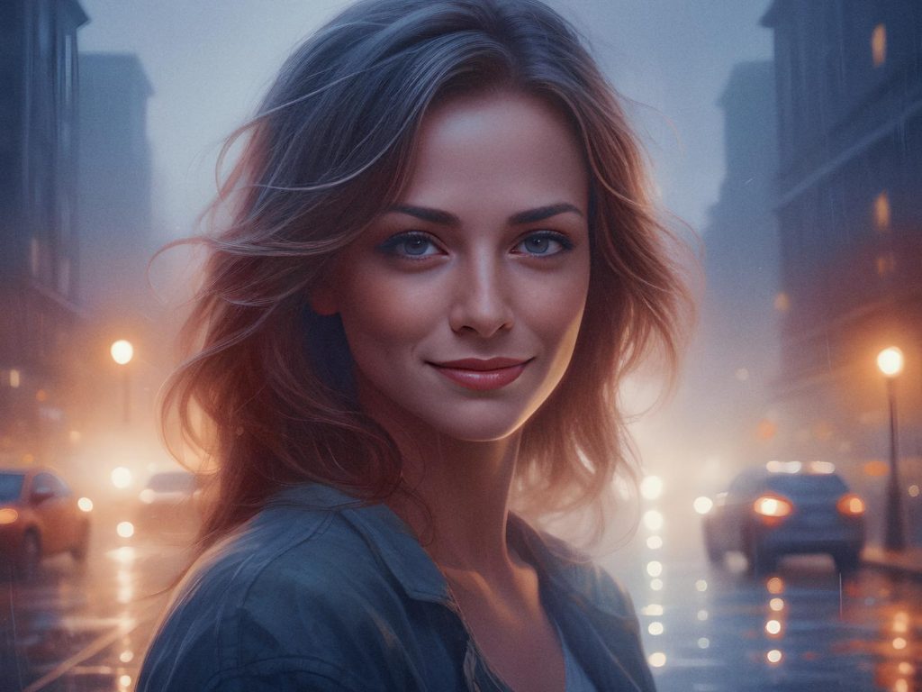 A woman with long, wavy hair smiles gently on a foggy, city evening. Clad in a chic jacket with her Peak Design Everyday Backpack V2 30L, she epitomizes effortless urban style amidst glowing streetlights and bustling cars.