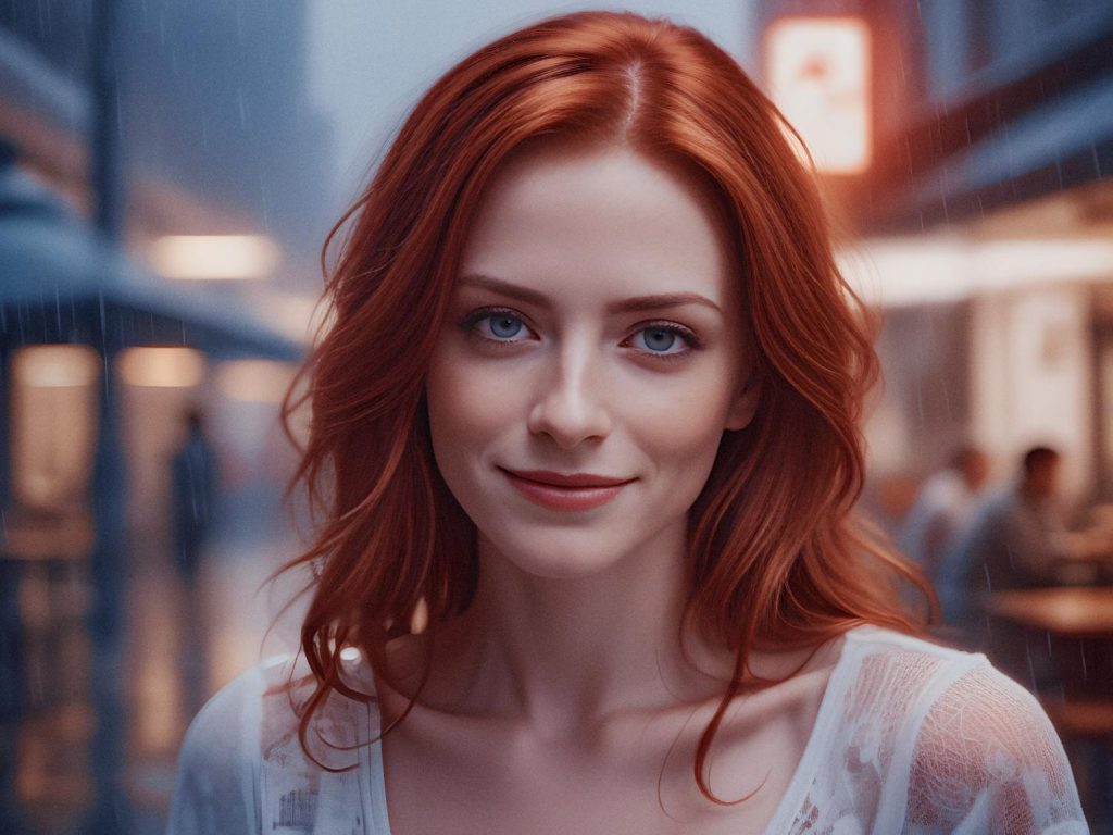 A woman with long, wavy red hair and blue eyes smiles softly in a white lace top, holding an eco-friendly messenger bag. A rainy urban street scene adds a stylish backdrop.