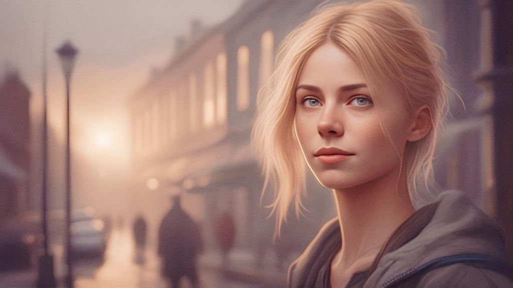 A young blonde woman with blue eyes stands on a misty street at sunset, donning a gray hoodie and carrying a trendy Loungefly Coraline Bag.