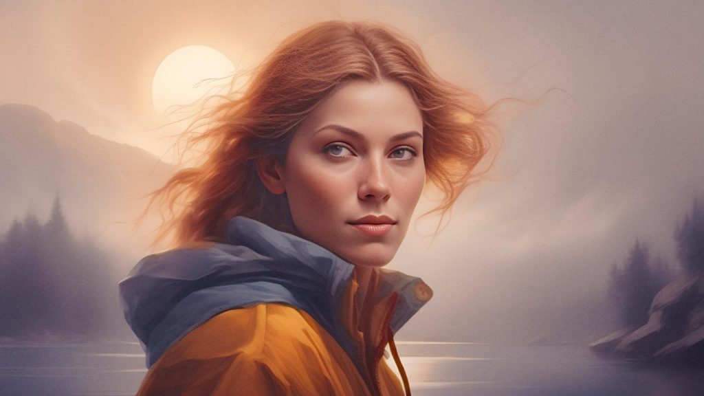 A stylish individual in a yellow jacket and messenger bag stands by a serene lake, windblown hair framing their face as the sun casts a warm glow over misty hills.