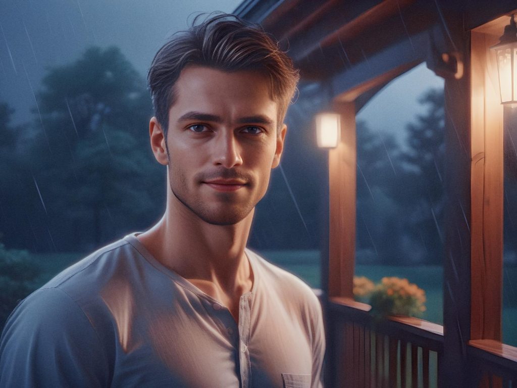 A stylish man with short dark hair and a slight smile stands under a porch, radiating warmth in his light long-sleeve shirt and Peak Design Everyday Backpack. Rain-blurred trees provide an atmospheric backdrop.