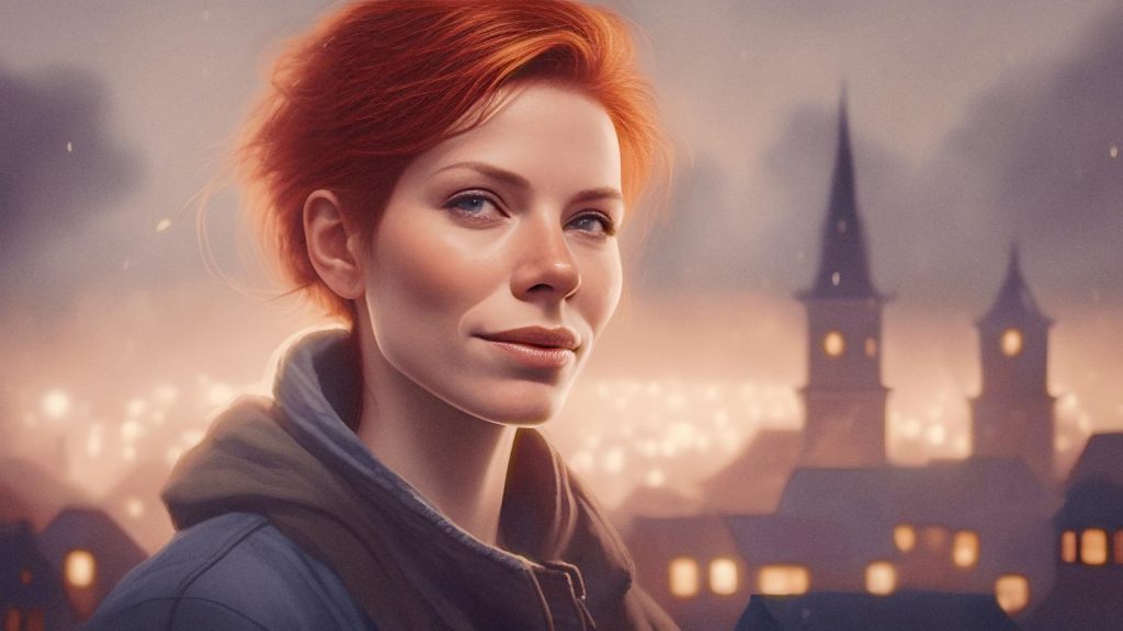A woman with chic short red hair and a faint smile stands against a warmly lit, hazy town backdrop. Her stylish messenger bag hints at adventure.