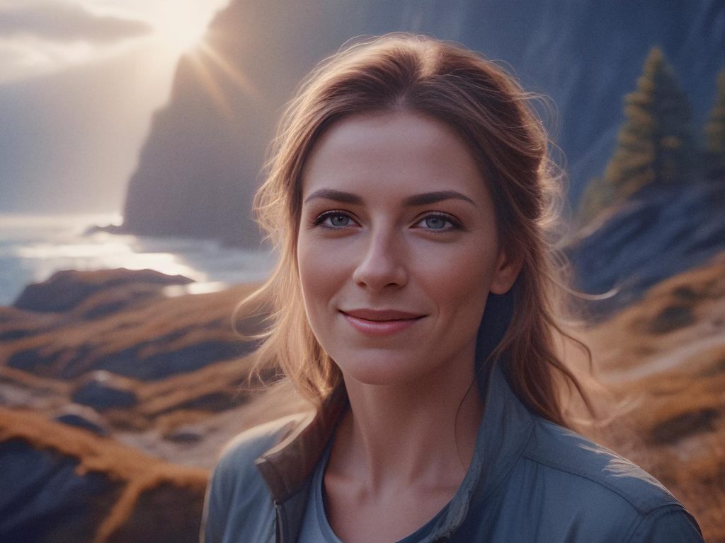 A woman with long hair, wearing a light jacket, smiles softly at the camera. She carries a stylish Peak Design Everyday Backpack. Behind her, sunlit cliffs and a rocky coastline merge into the distance under moody skies with sun rays breaking through.