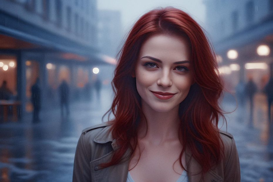 A woman with long red hair beams while standing on a misty urban street, showcasing an Everyday Backpack from Peak Design. She dons a chic beige coat over a white top, exuding serene elegance amid softly glowing city lights and blurred passersby.
