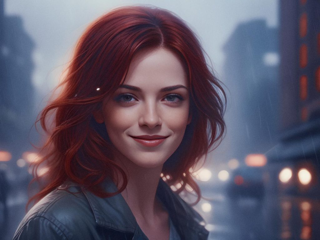 A woman with vibrant red hair and a serene smile stands in a rainy city at dusk. Her chic leather jacket and trendy bag shine amidst urban lights, unveiling her back-to-school fashion elegance.