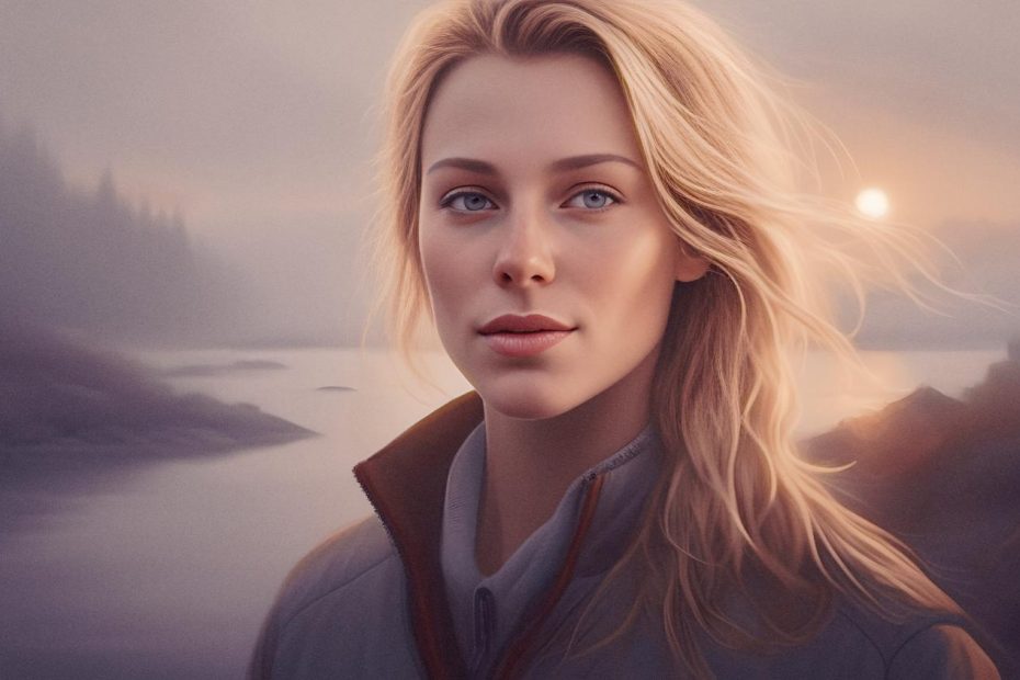 A young blonde woman in a chic jacket and trendy messenger bag stands by a misty lakeside at dawn, bathed in soft, warm light. Serene style amidst nature.