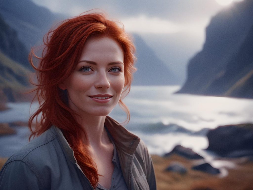 A red-haired woman with a serene smile stands before misty fjords and rocky mountains, effortlessly stylish in an outdoor jacket and Peak Design Everyday Backpack.