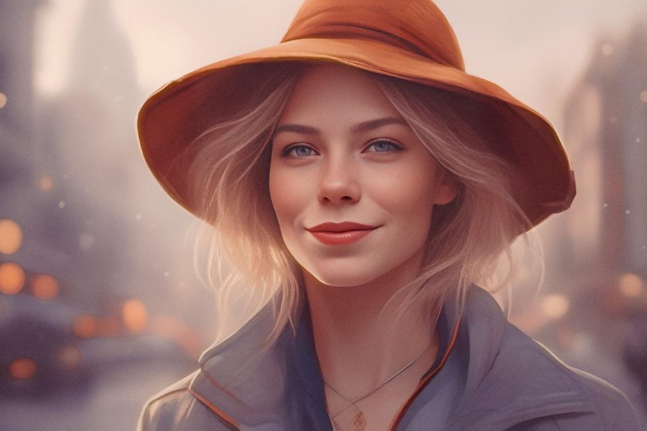 A stylish woman with long blonde hair, wearing an orange hat and grey coat, stands on a city street. Her Loungefly Coraline bag adds a trendy touch.