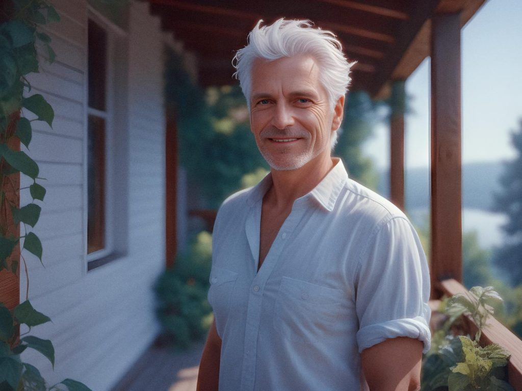 A stylish, white-haired man with a neatly trimmed beard stands on a wooden porch, exuding effortless charm. He's wearing a crisp white button-up shirt, casually undone at the top for relaxed elegance. Over his shoulder hangs the sleek Peak Design Everyday Backpack V2. Lush green foliage surrounds him, blending into the blurred scenic backdrop beyond.