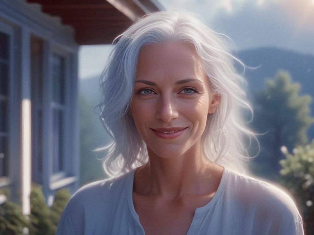 A woman with long white hair radiates elegance in a light top and eco-friendly messenger bag, framed by greenery and distant mountains. Chic sustainability against a serene backdrop.