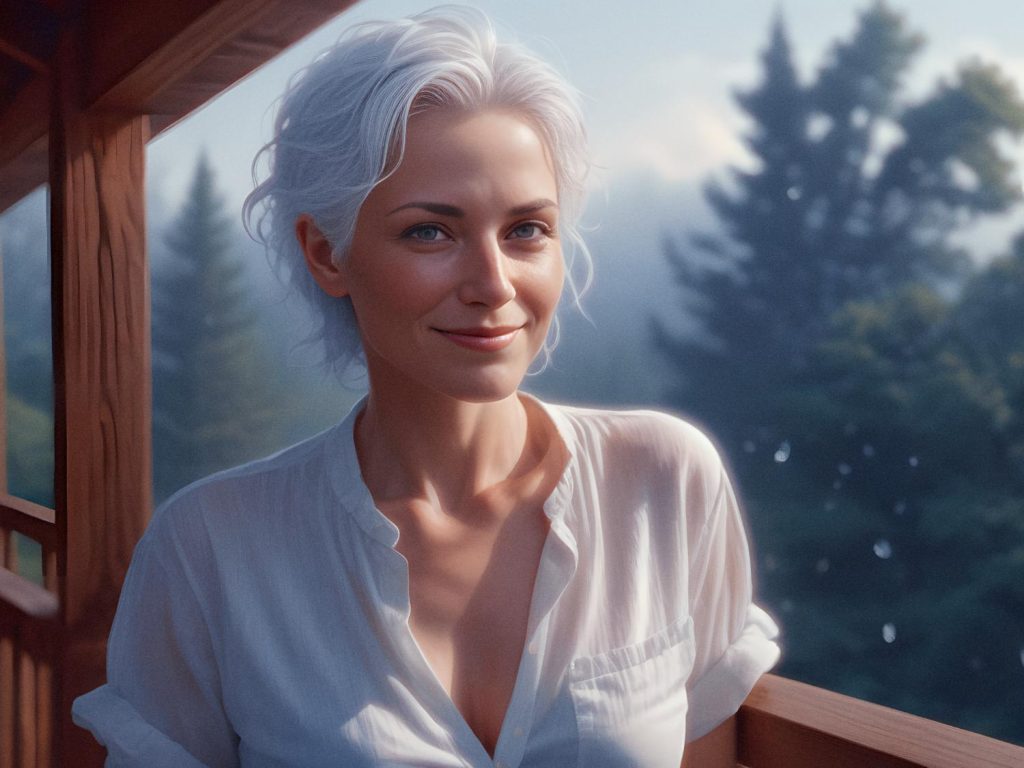 A chic woman with short white hair beams on a wooden balcony, donned in an effortlessly stylish white blouse with a Peak Design Everyday Backpack, 30L. A serene, misty forest forms the perfect backdrop.