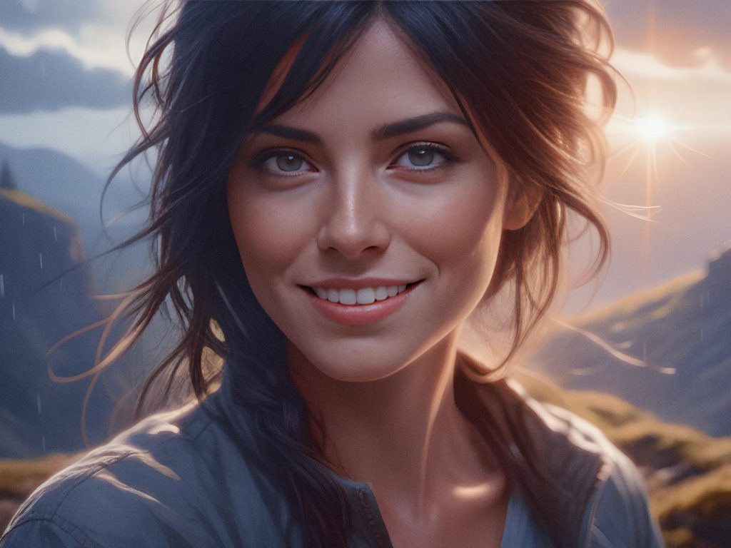 A stylish woman with wavy dark hair and a warm smile poses outdoors with a chic Peak Design Everyday Backpack, set against green hills and a glowing sunset.