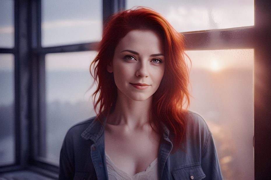 A woman with flowing red hair stands by a sunlit window, exuding effortless style in a denim shirt over lace, paired with a trendy satchel.