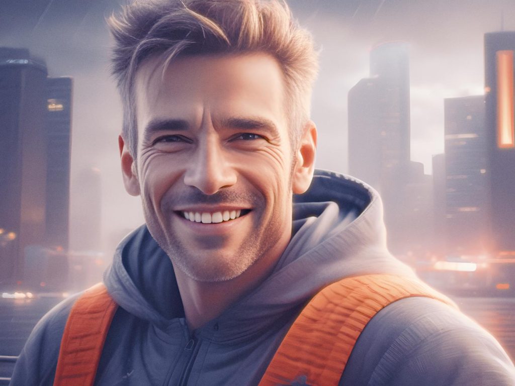 A stylish man with tousled hair and a grey hoodie pairs an orange backpack against a misty urban skyline, blending fashion with functionality.