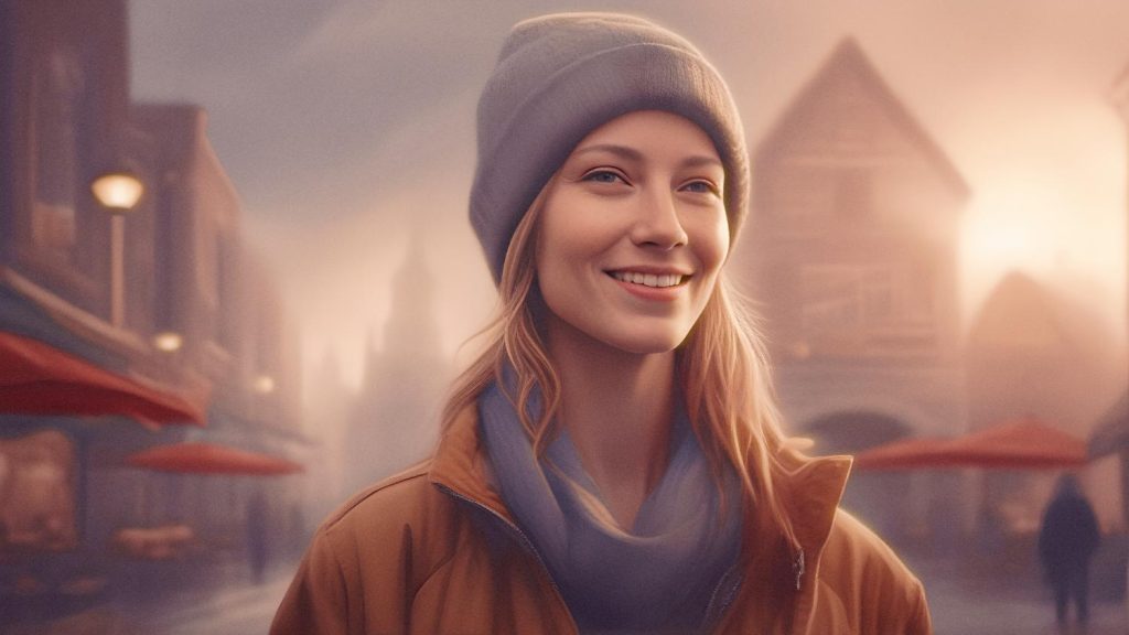 A smiling person wearing a stylish beanie and scarf stands on a foggy street, with red umbrellas in the backdrop, showcasing a trendy satchel. Cozy vibes abound.