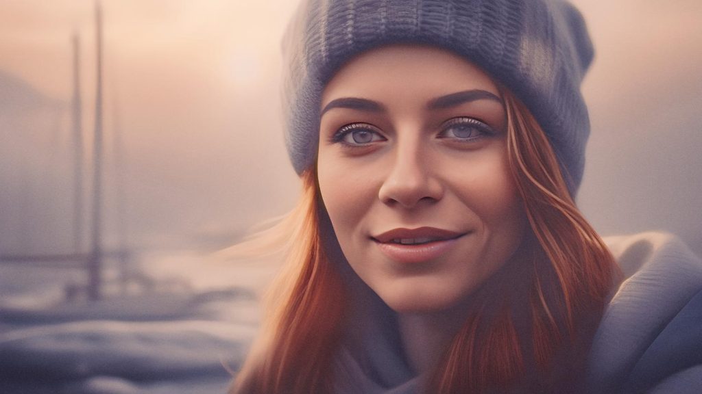 A serene woman with flowing red hair dons a chic gray beanie and carries a vintage canvas travel bag, set against a misty, sailboat-dotted background.