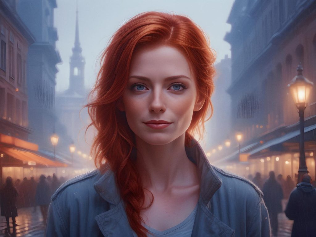 A serene woman with long red hair stands in a foggy narrow street, donning a gray coat and trendy backpack. Warm streetlights glow moodily behind her.