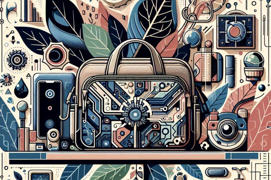 A captivating suitcase with a circuit board at its core, adorned with abstract gears, leaves, and tech devices—travel meets trendy tech art.