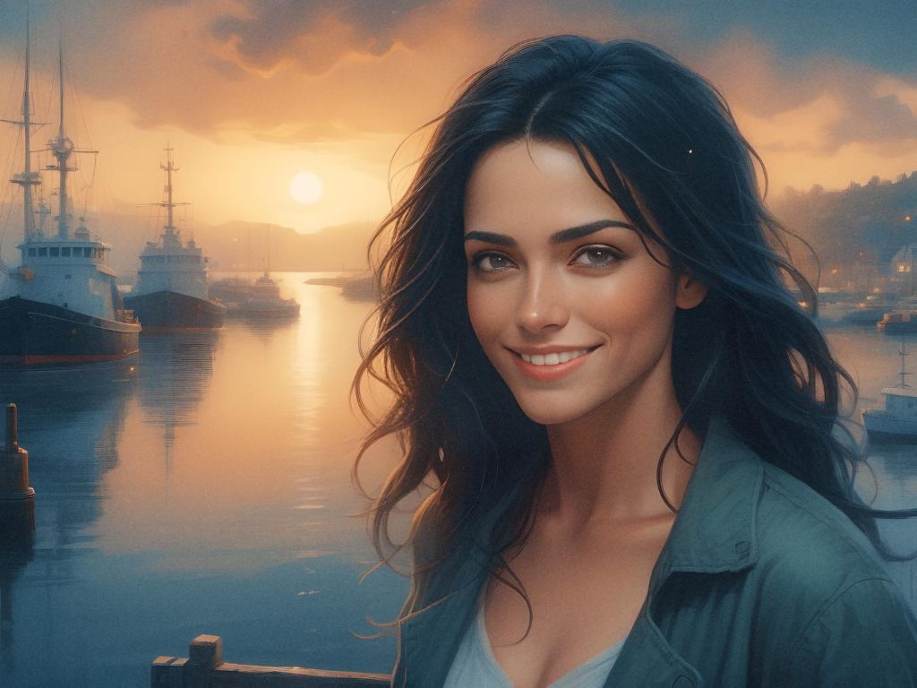 A young woman with long dark hair smiles warmly against a serene sunset harbor. Her chic yet practical outfit features a trendy men's canvas belt.