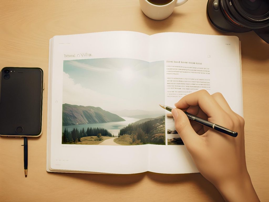 A hand writing in a scenic journal featuring rivers and mountains. Fashionable accessories like a vegan leather journal, camera, and coffee complete the aesthetic.