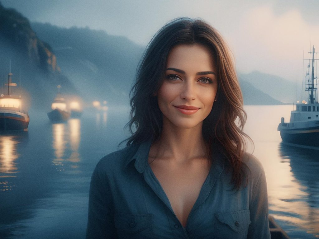 A woman with wavy brown hair beams in a chic blue button-up shirt and trendy messenger bag, set against tranquil waterfront boats and misty mountains.