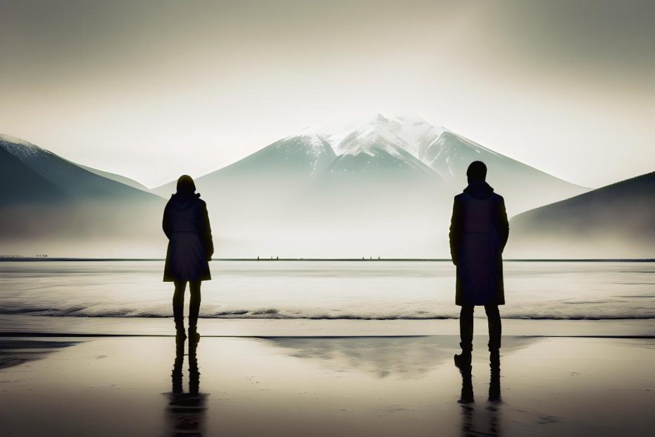 Two individuals in chic vegan leather winter coats stand on a serene, misty beach, facing a majestic, snow-capped mountain across reflective waters.