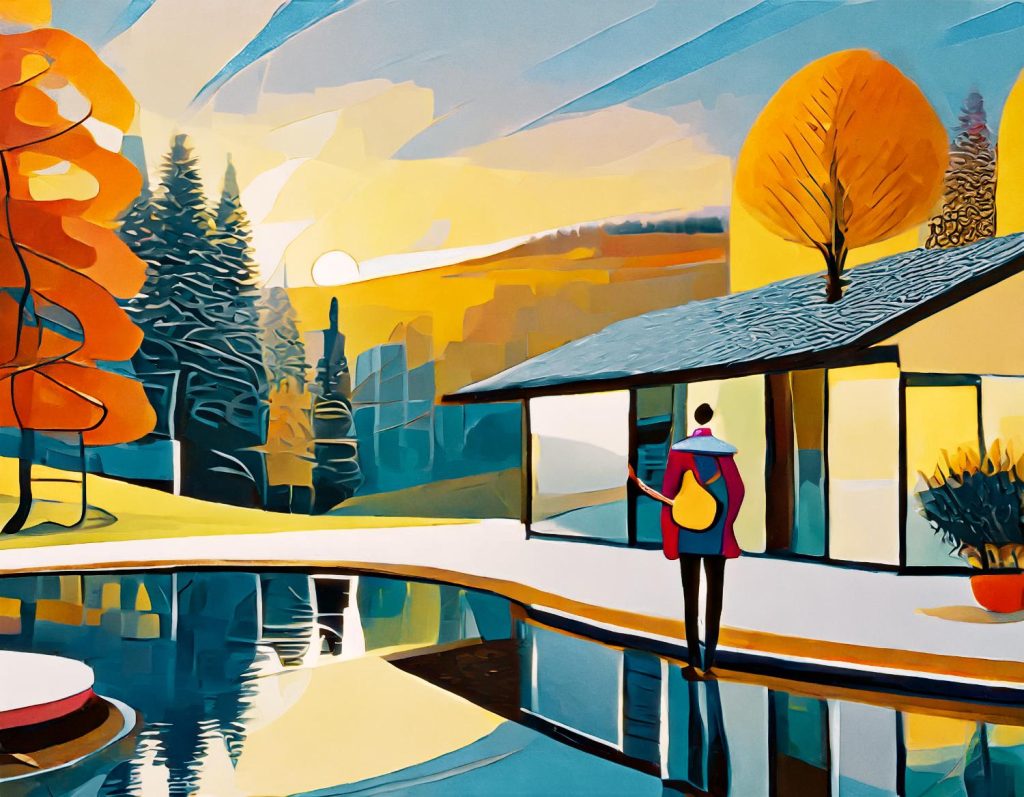 A captivating abstract: A chic figure in a winter coat, showcasing a Kenneth Cole REACTION business bag, stands by a modern house and pool amidst vibrant autumn hues at sunrise.