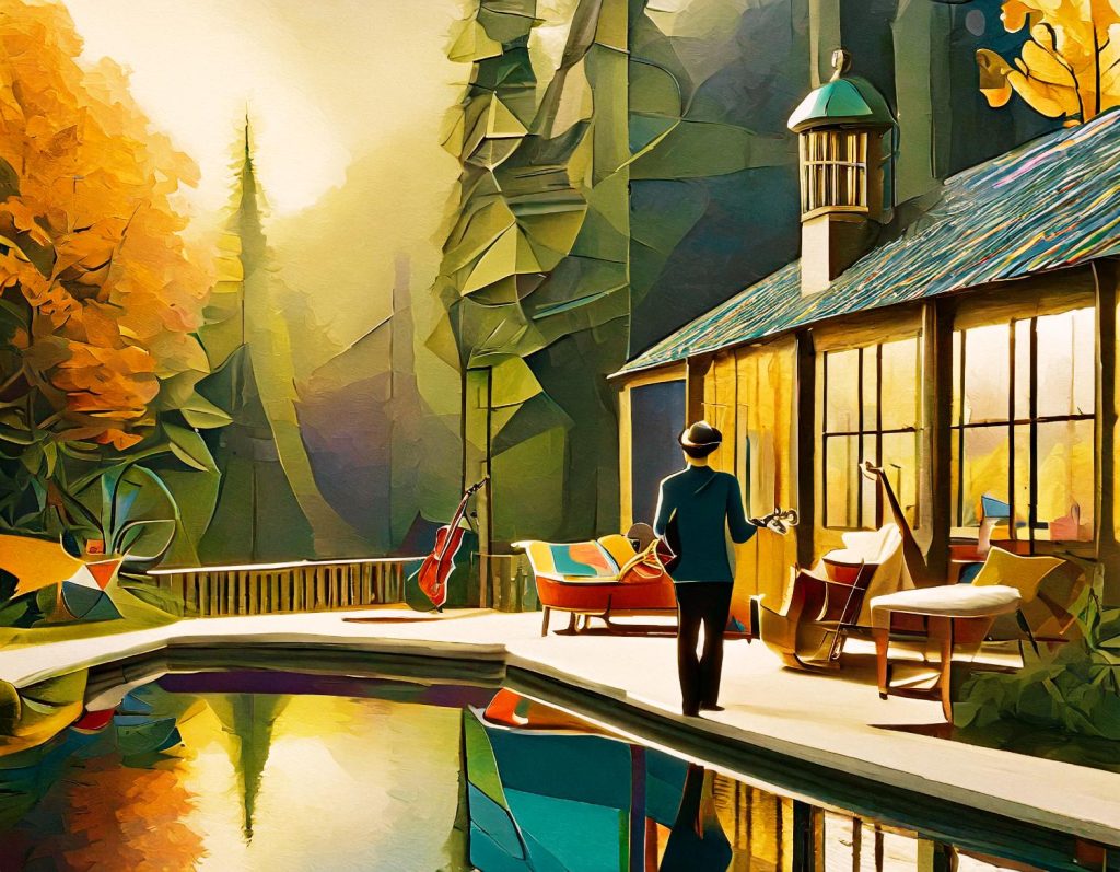 Vibrant illustration of a serene forest with autumn hues. A stylishly dressed person in a hat plays a string instrument on a wooden deck, surrounded by chic chairs and a double bass. Perfect blend of nature and fashion-forward travel vibes.
