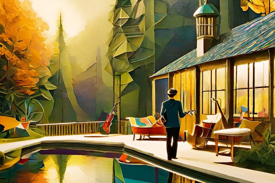 A stylish individual with a guitar stands on a pool deck, Kenneth Cole REACTION messenger bag at their feet. Cozy cabin and autumn trees complete the chic, musical scene.