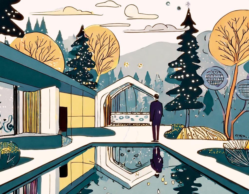 A chic illustration features a stylish modern house with vast windows amid nature's lush embrace. A fashion-forward individual with a sleek messenger bag gazes at an illuminated, decoratively lit structure under an artistic sky.