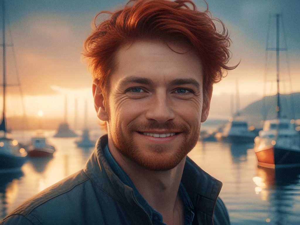 A red-haired man with a beard smiles warmly at the camera, showcasing a stylish men's canvas belt with a distinctive buckle. The serene marina sunset and glowing orange sky create a picturesque backdrop of calm waters and boats.