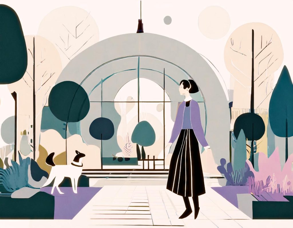 Stylized illustration of a chic woman with short hair, long skirt, and trendy messenger bag walking her dog in a modern garden. Minimalist pastel tones.