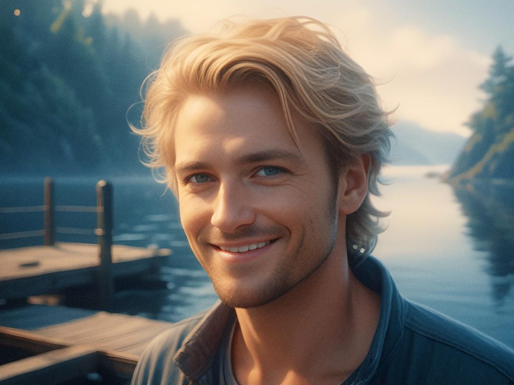 A person with blonde hair smiles on a dock by a misty, pine-fringed lake. The sun casts a warm glow, highlighting their effortless style accentuated by a chic men's canvas belt.
