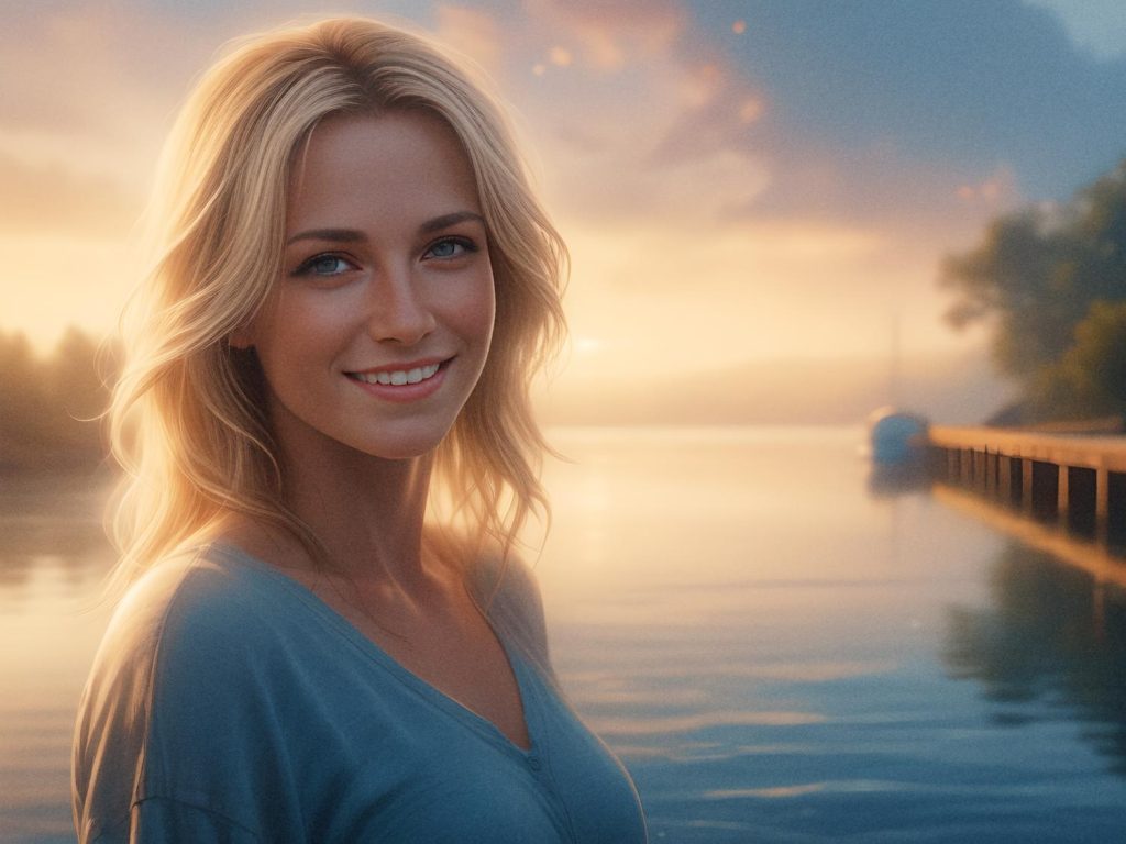 A blonde woman smiles warmly at the camera, standing by a tranquil lake at sunset. Her chic outfit features a stylish men's canvas belt.