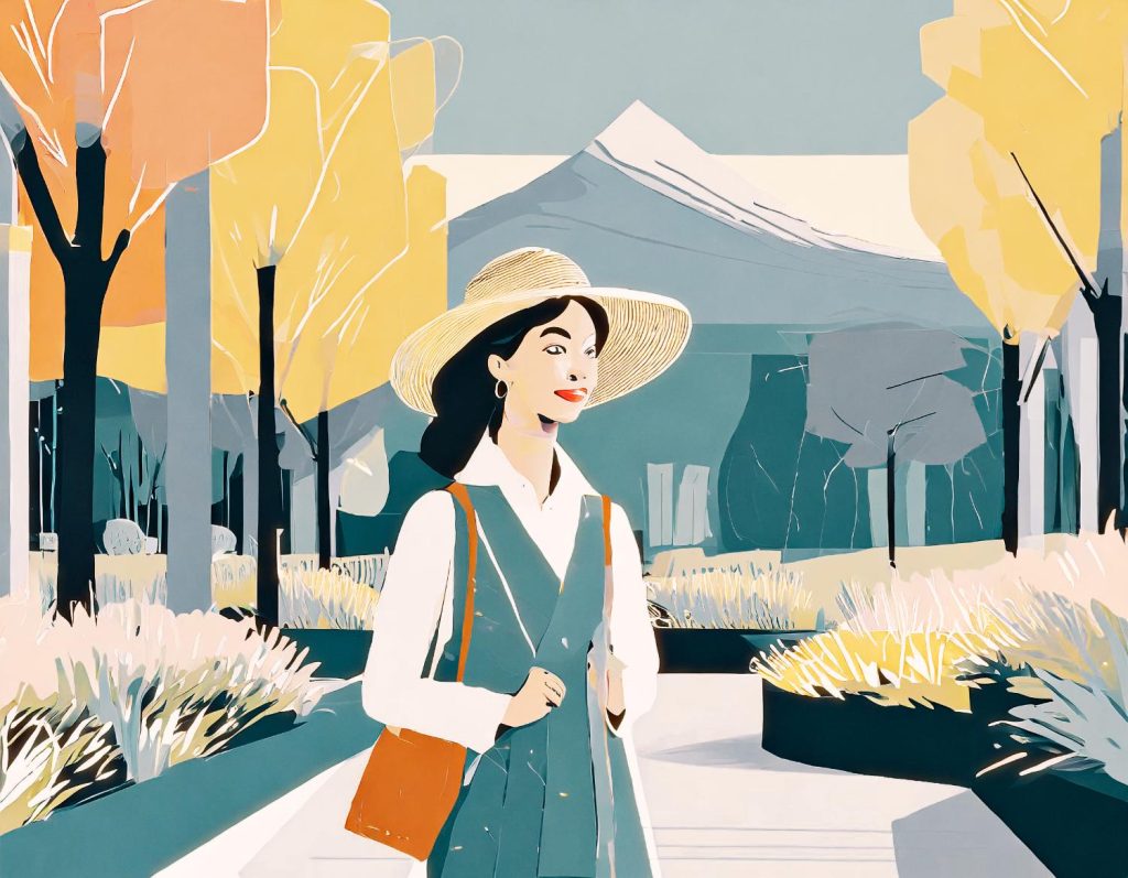 Chic autumn look: A woman with flowing dark hair in a wide straw hat and retro polarized sunglasses. Teal vest, white shirt, orange bag; modern park backdrop. 🍂👜 #AutumnFashion