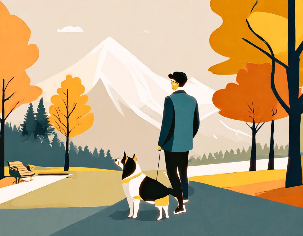 A fashionable trekker, clad in trendy autumn attire, walks a dog on a scenic path framed by vibrant fall foliage and distant snowy peaks. Perfect blend of nature and style! 🍁❄️✨